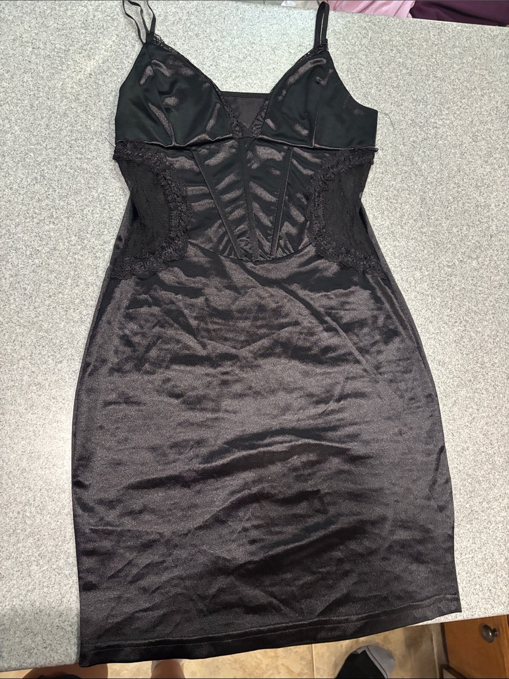 SHEIN Black Satin Slip Dress with Lace Trim